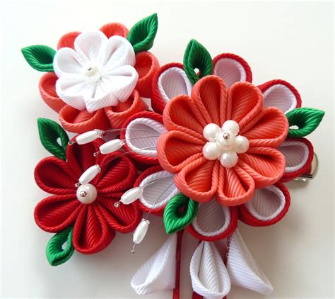 Kanzashi Fabric Flowers Bridal Hair Clip With Falls Red Etsy