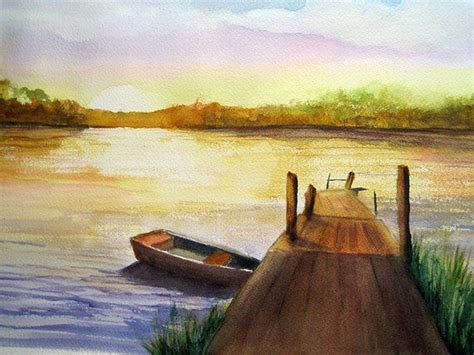 Sunset Lake Scene Peaceful Mood Of Rowboat On Lake Large Fine Art