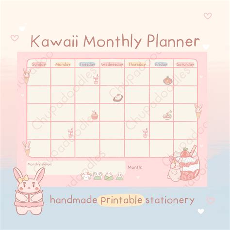 Kawaii Printable Planner Undated Monthly Calendar Kawaii Etsy