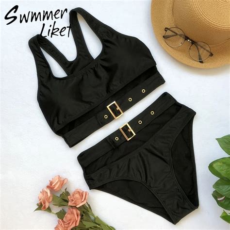 Sexy Black Buckle Bikini Women 2018 Push Up Bandeau Swimsuit High Waist Swimwear Bathing Suit