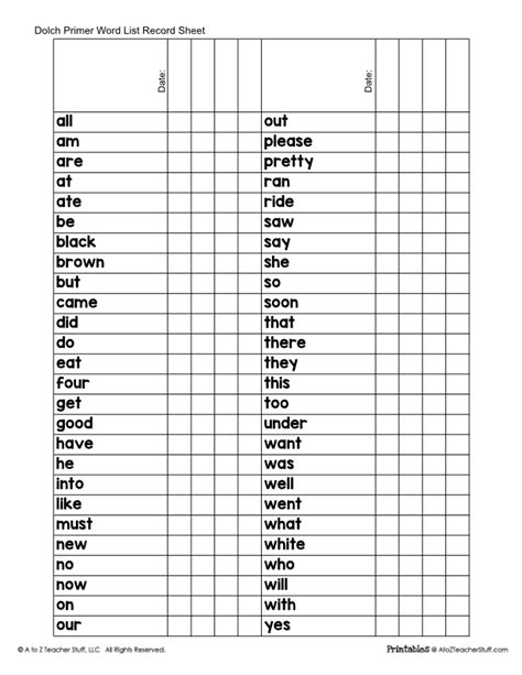 Primer Dolch Sight Word Printables A To Z Teacher Stuff Printable