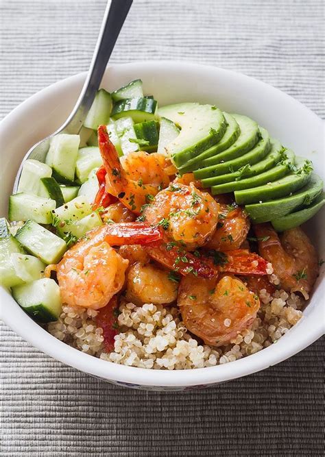 Honey Garlic Shrimp And Quinoa Bowl With Avocado Recipe Quinoa Bowl Recipe Healthy Bowls