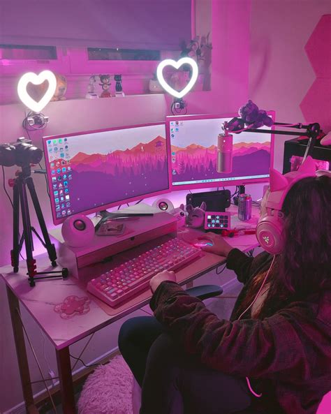 Pink Gamer Girl Setup Featuring Heart Shaped Lights Pink Accessories And Kitty Ear Headphones