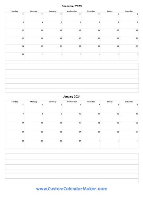 December To January 2023 Calendar Template With Notes