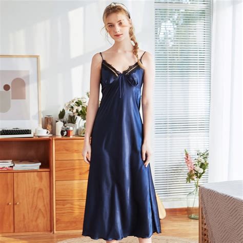 Navy Blue Female Sexy Intimate Lingerie Nightgown Women Long Satin