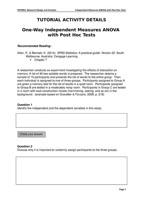 PSY4051 Tutorial Activity 6 independent Anova post hoc Final - TUTORIAL