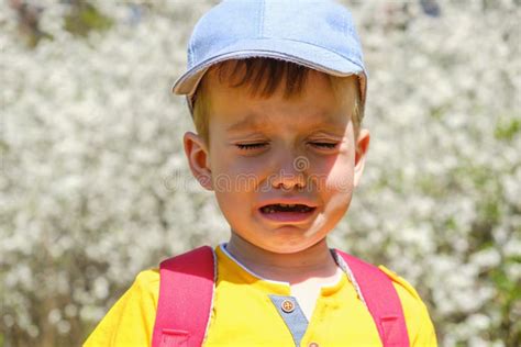 Caucasian Boy Portrait Crying While Standing Up In Park Stock Image