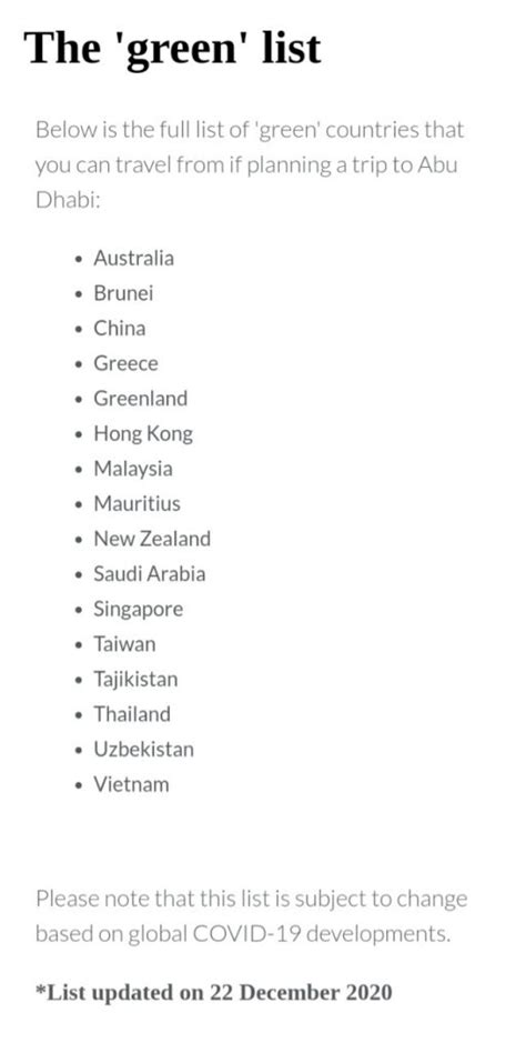 Of countries and destinations from which travellers can enter the emirate without needing to quarantine on arrival. The full list of 'green' countries that you can travel ...