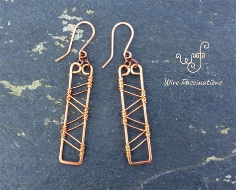 Handmade Solid Copper Earrings Long Rectangles Double Diagonal Wire