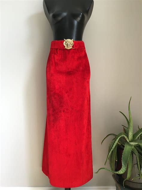 Rich Red Velvet 70 S Skirt Long Boho Skirt With Hidden Pockets Matching Belt With A Gold Owl