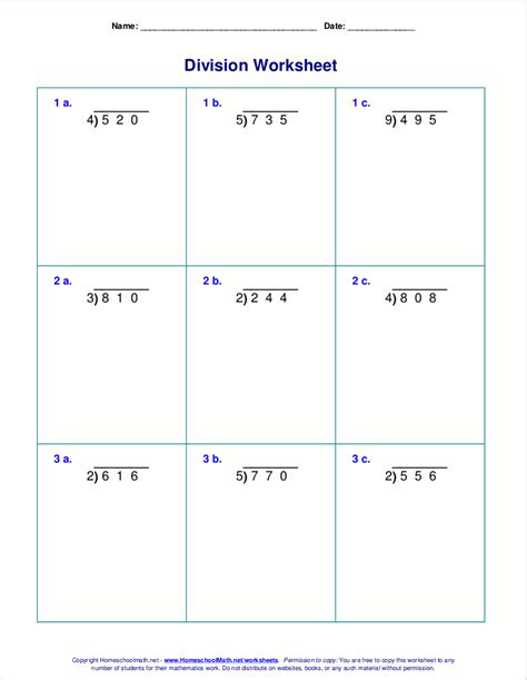 These worksheets cover most division subtopics and divide by taking out factors of 10. Long division worksheets for grades 4-6