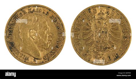 1887 German 20 Mark Gold Coin With Portrait Of Kaiser Wilhelm Stock