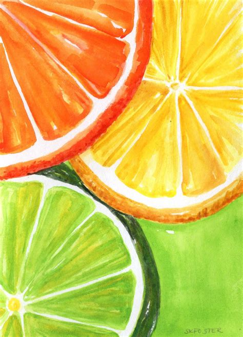 Watercolor Citrus Painting Lemon Original Orange Limes Fruit Art