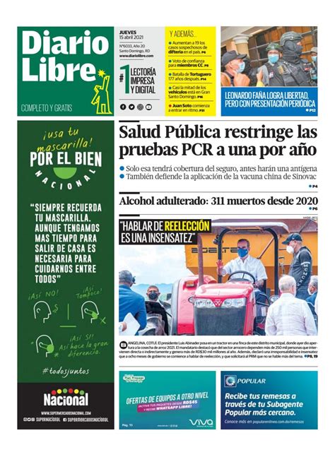 Portada Periódico Diario Libre Jueves 15 De Abril 2021 Dominicanado