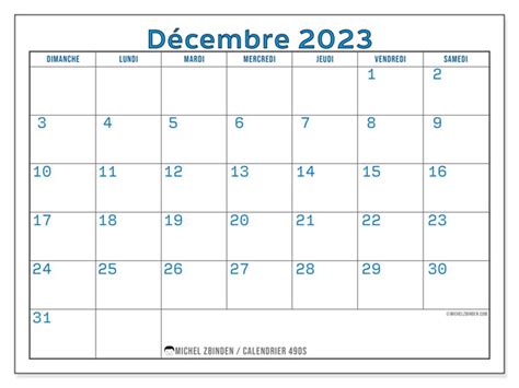 Calendrier Décembre 2023 à Imprimer “49ds” Michel Zbinden Fr