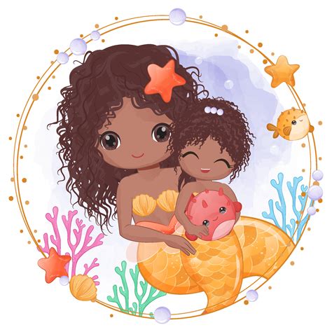 Cute Mermaid Mom And Baby In Watercolor Illustration 7334352 Vector Art