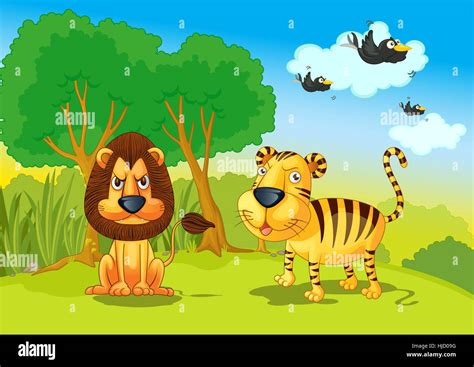 Illustration Of Lion And Tigers In Jungle Stock Photo Alamy
