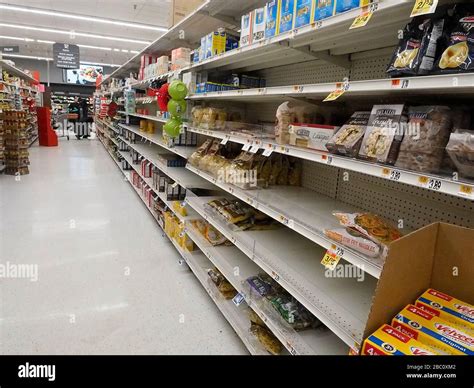 Pasta And Instant Noodles Empty Shelves Aisle In Grocery Store During