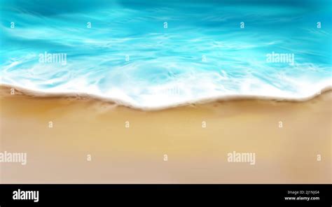 Top View Of Sea Wave With Foam Splashing On Beach With Sand Blue Ocean