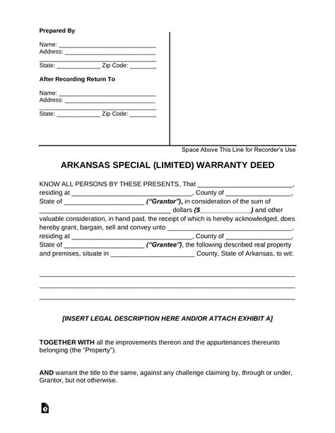 Free Arkansas Special Warranty Deed Form Pdf Word Eforms
