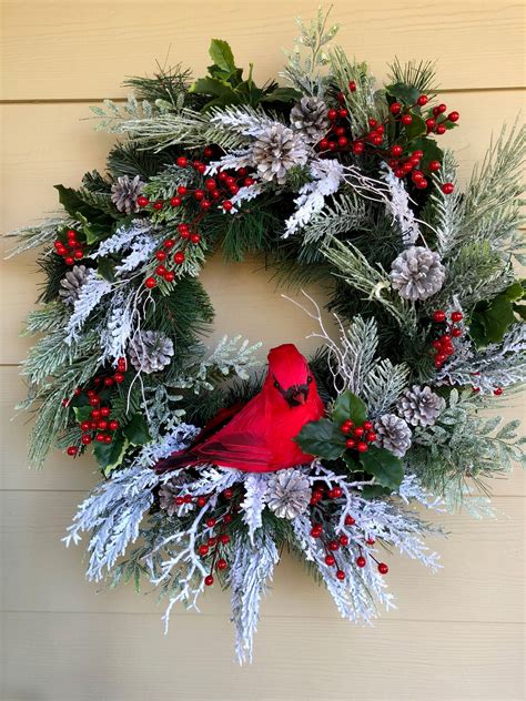 Christmas Wreath For Front Door Cardinal Wreath Frosty Red Etsy