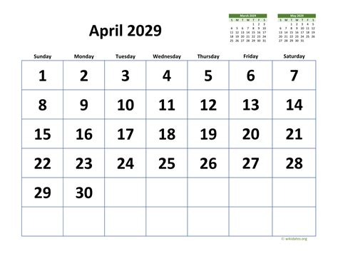 April 2029 Calendar With Extra Large Dates