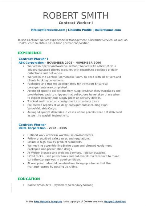 Contract Worker Resume Samples Qwikresume