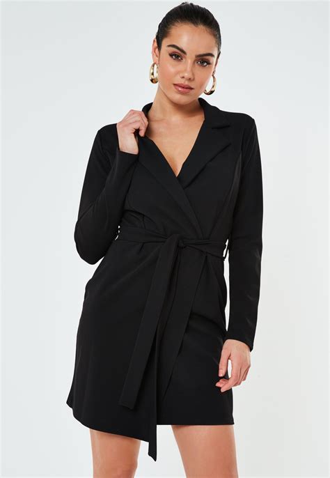 Missguided Black Basic Jersey Belted Blazer Dress Blazer Dress Belted Blazer Off Shoulder