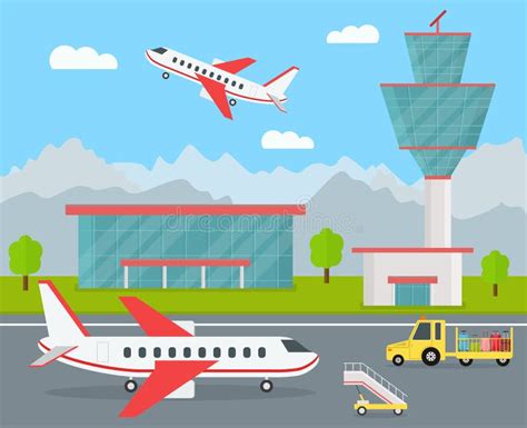 Cartoon Airport Building And Airplanes Vector Stock Vector