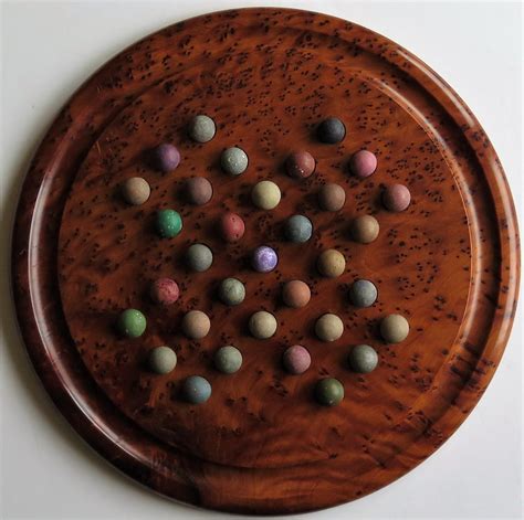 Large Marble Solitaire Board Game With 33 Early Handmade Clay Marbles