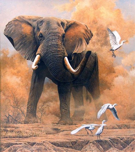 Realistic Art Paintings Dusty Elephant With Egrets 2006 Johan