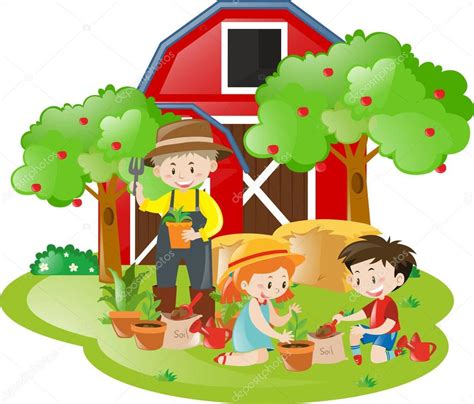 Uma criança que guarda a plântula em sua mão, o outro poço de escavação com pá. Escena de la granja con los niños y el granjero plantando ...