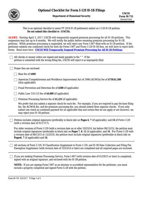 Fillable Form M 735 Optional Checklist For Form I 129 H 1b Filings