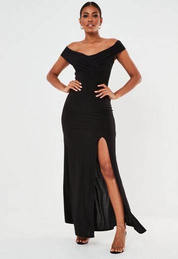 Black Bardot Wrap Split Maxi Dress Missguided