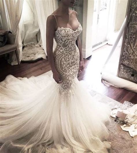 Spaghetti Straps Mermaid Long Ivory Lace Wedding Dresseswedding Gowns