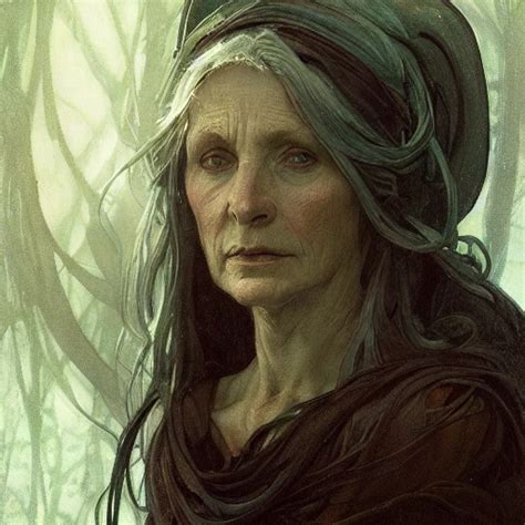 Portrait Of An Old Witch By Greg Rutkowski And Alphonse Mucha L