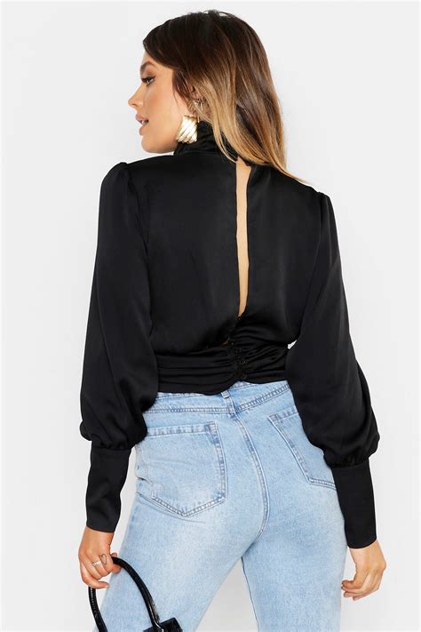 Satin Ruched Open Back Blouse Boohoo Uk Ruching Blouse Top Styles