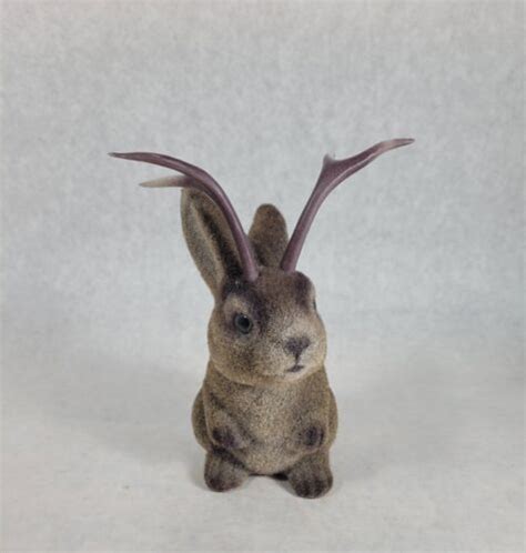 Vintage Flocked Jackalope Figurine Rabbit Bunny Antlers Brown Furry