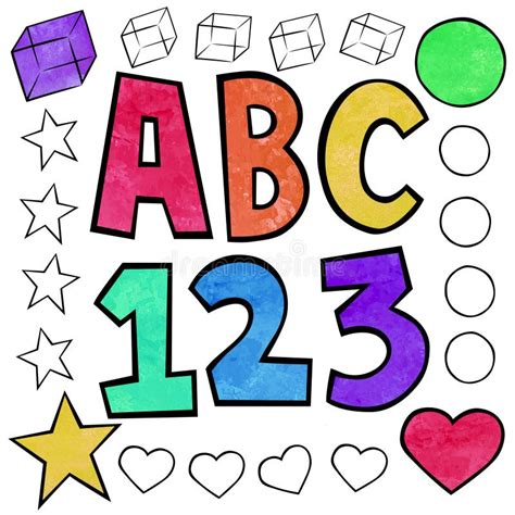 Abc 123 Shapes Cube Circle Heart Star Texture Colors Stock Illustration