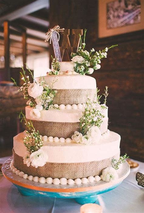 Rustic Buttercream Wedding Cake With Burlap Flowers Roses And Rings