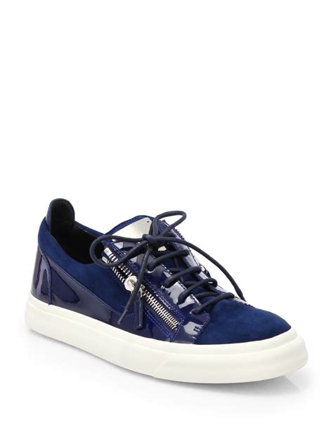 Giuseppe Zanotti Suede And Patent Leather Low Top Sneakers In Blue For