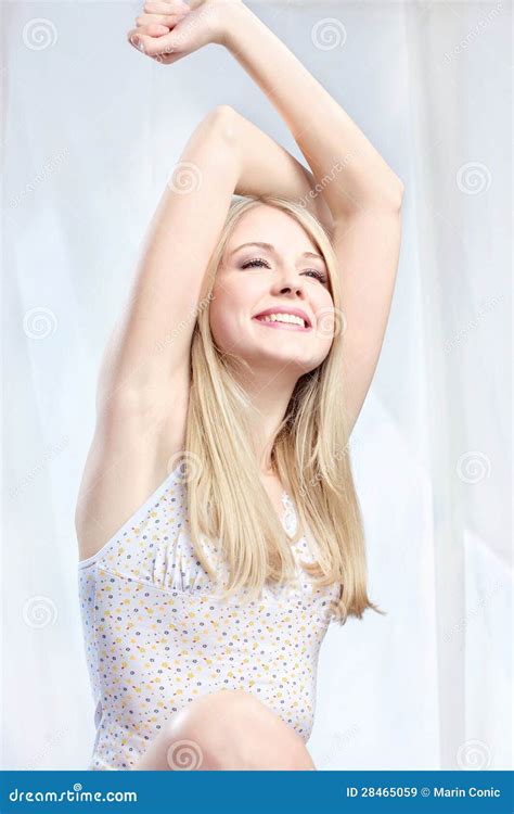 Woman Stretching Arms Above Head Stock Image Image Of Blond Leisure