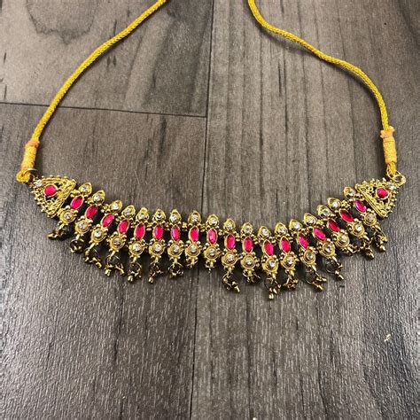 Necklace Indian Style Costume Gold Tone Metal Red Sto Gem