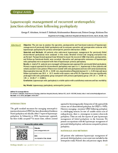 Pdf Laparoscopic Management Of Recurrent Ureteropelvic Junction