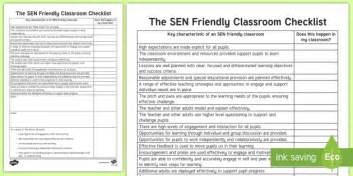 Sen Friendly Classroom Checklist Sen Checklist Teacher