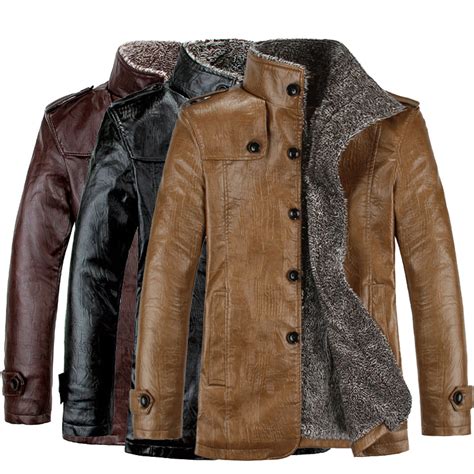Fashion Mens Winter Jacket Leather Coat Fur Parka Fleece Jacket Slim