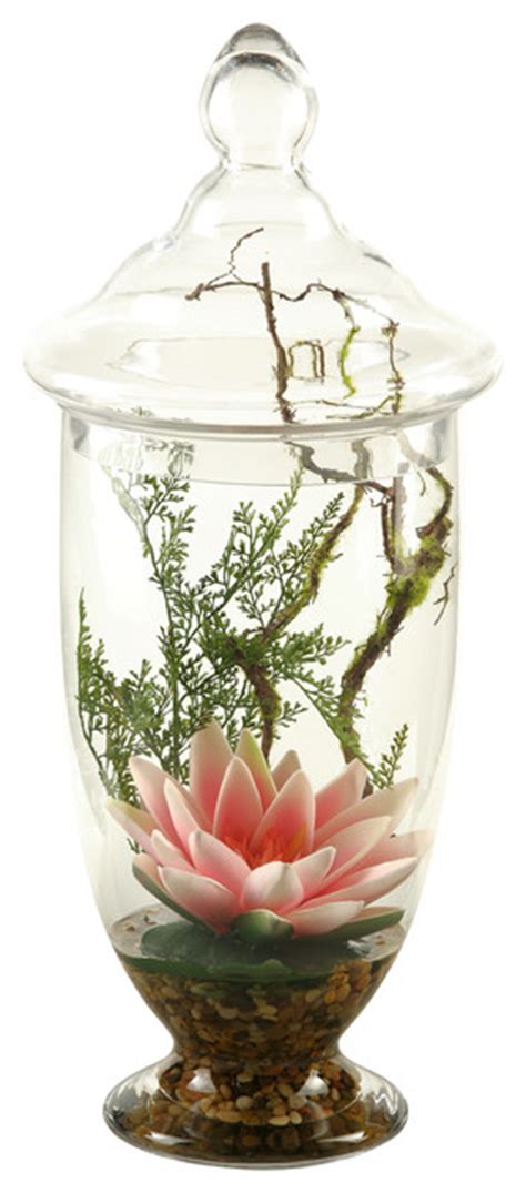 Artificial Pink Water Lily In Glass Apothecary Jar Traditional