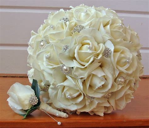 silk flower bridal bouquet real touch roses and rhinestones in