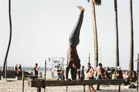 🥇 Image Of Man Handstand Bench Beach Arms People Gym Free Photo