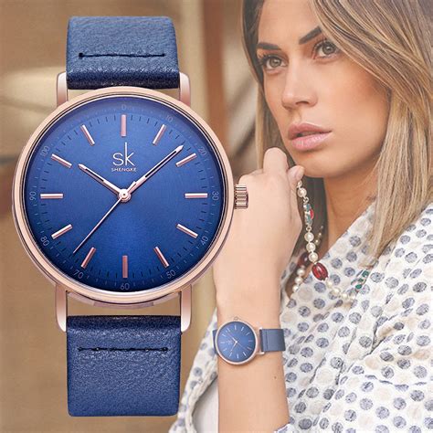 Shengke Womens Blue Leather Wristwatches 4 Colors Round Dial Quartz Watches Women Fashion Dress